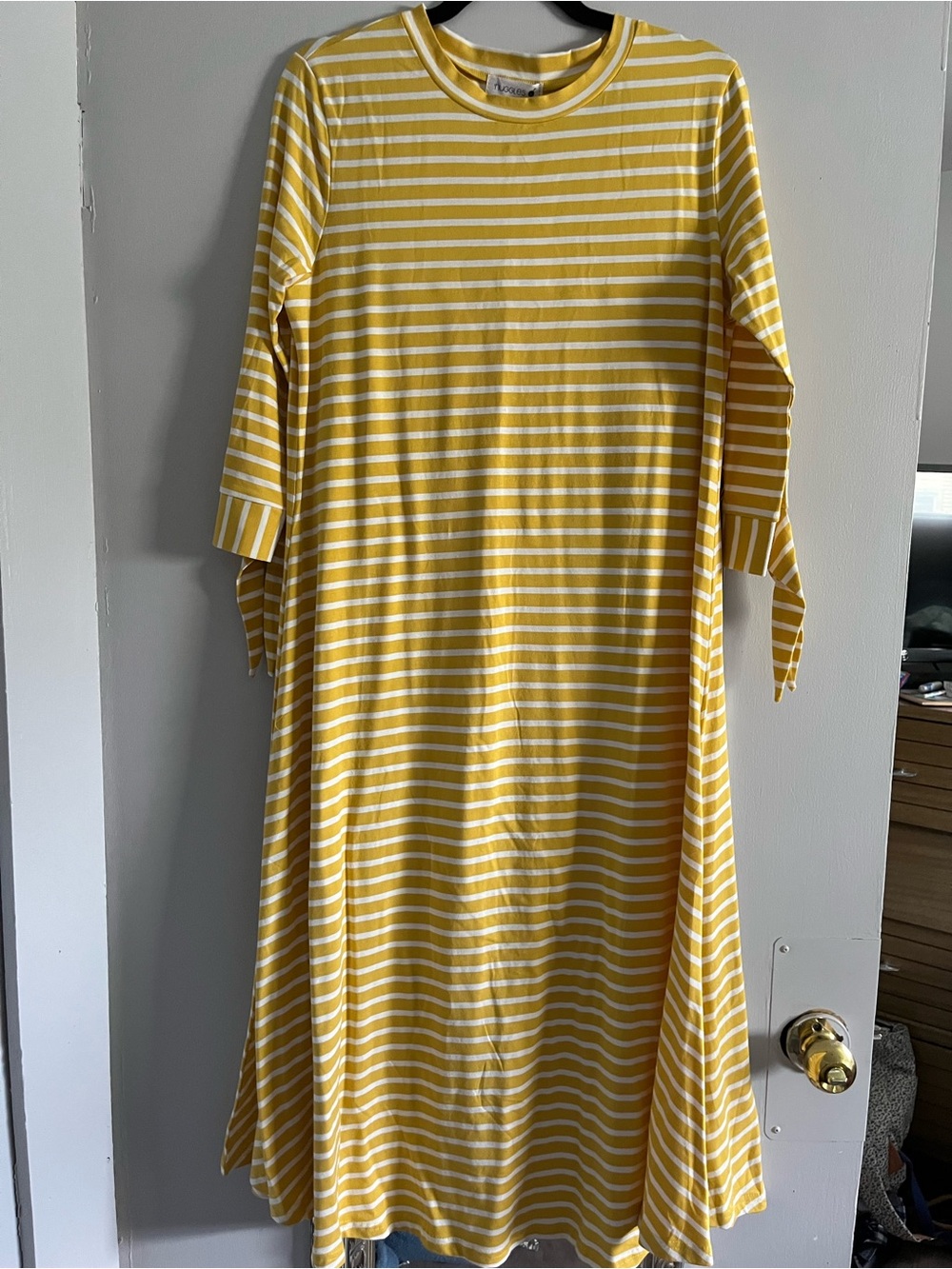 Yellow and White Striped Maxi Dress with Sleeve Tie Details